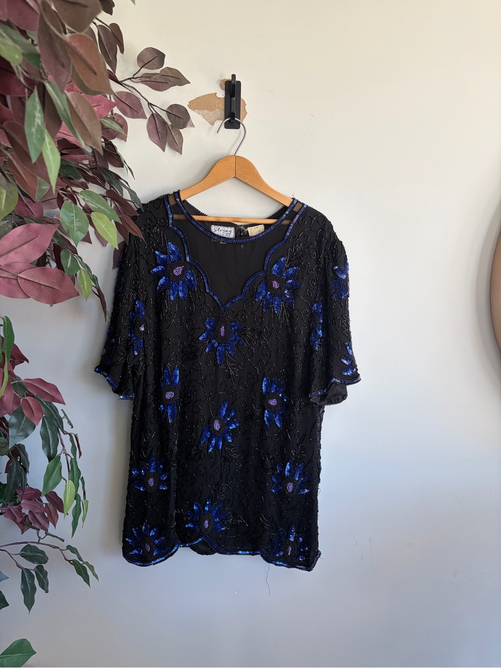 Vintage Black Beaded Top with Royal Blue Floral Accents